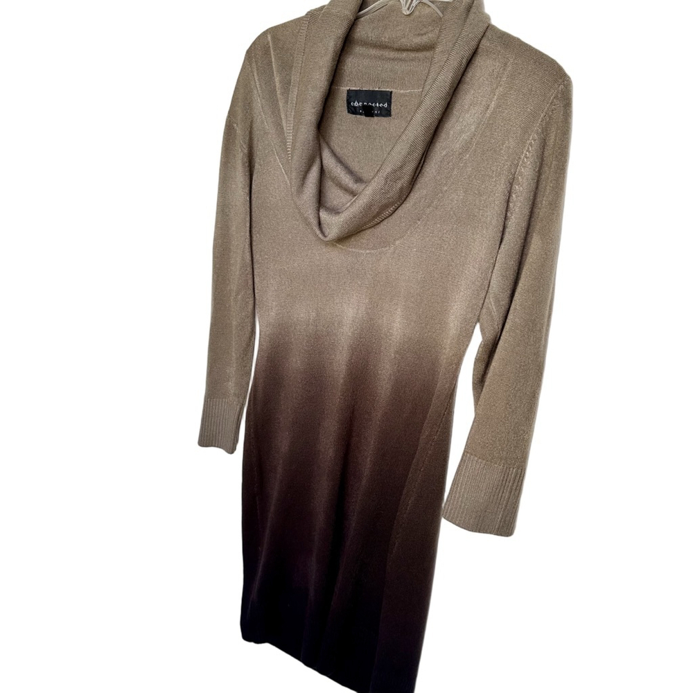 Women's Connected M Beige Ombre Dark Brown Cowl Neck Long Sleeve Sweater Dress